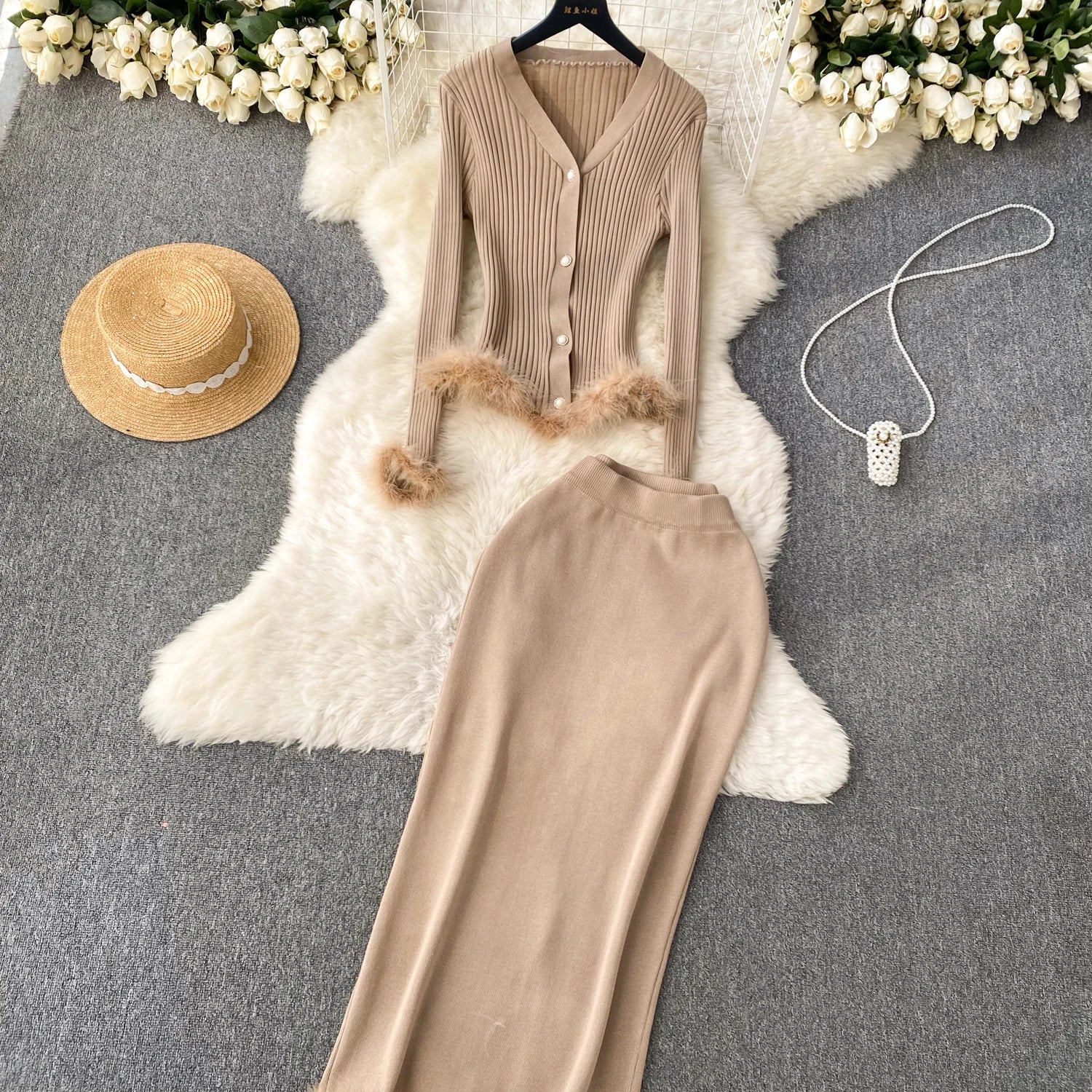 French Style Cardigan+Bodycon Skirt Knit 2pcs Sets