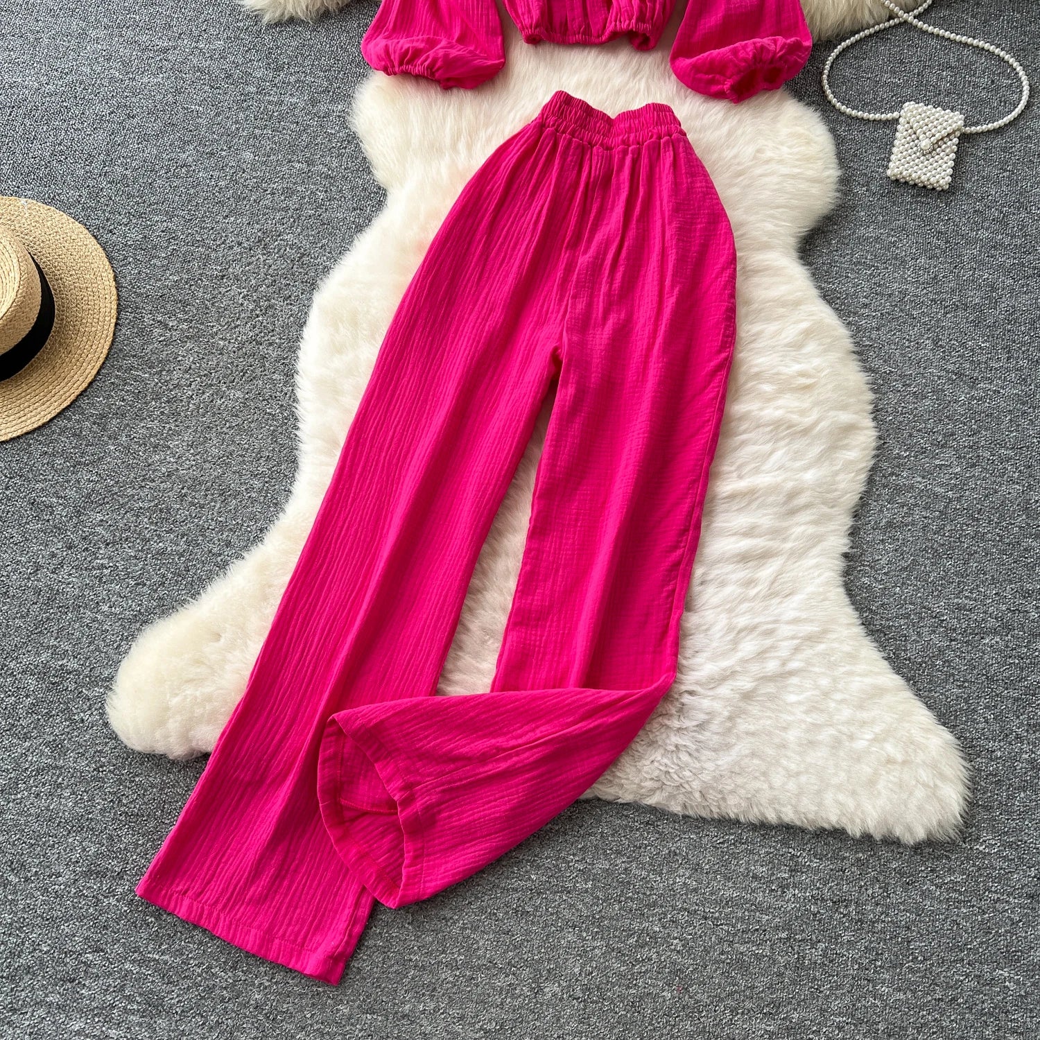 Lantern Sleeve Off Shoulder Crop Top+High Waist Wide Legs Pants Two Piece Set