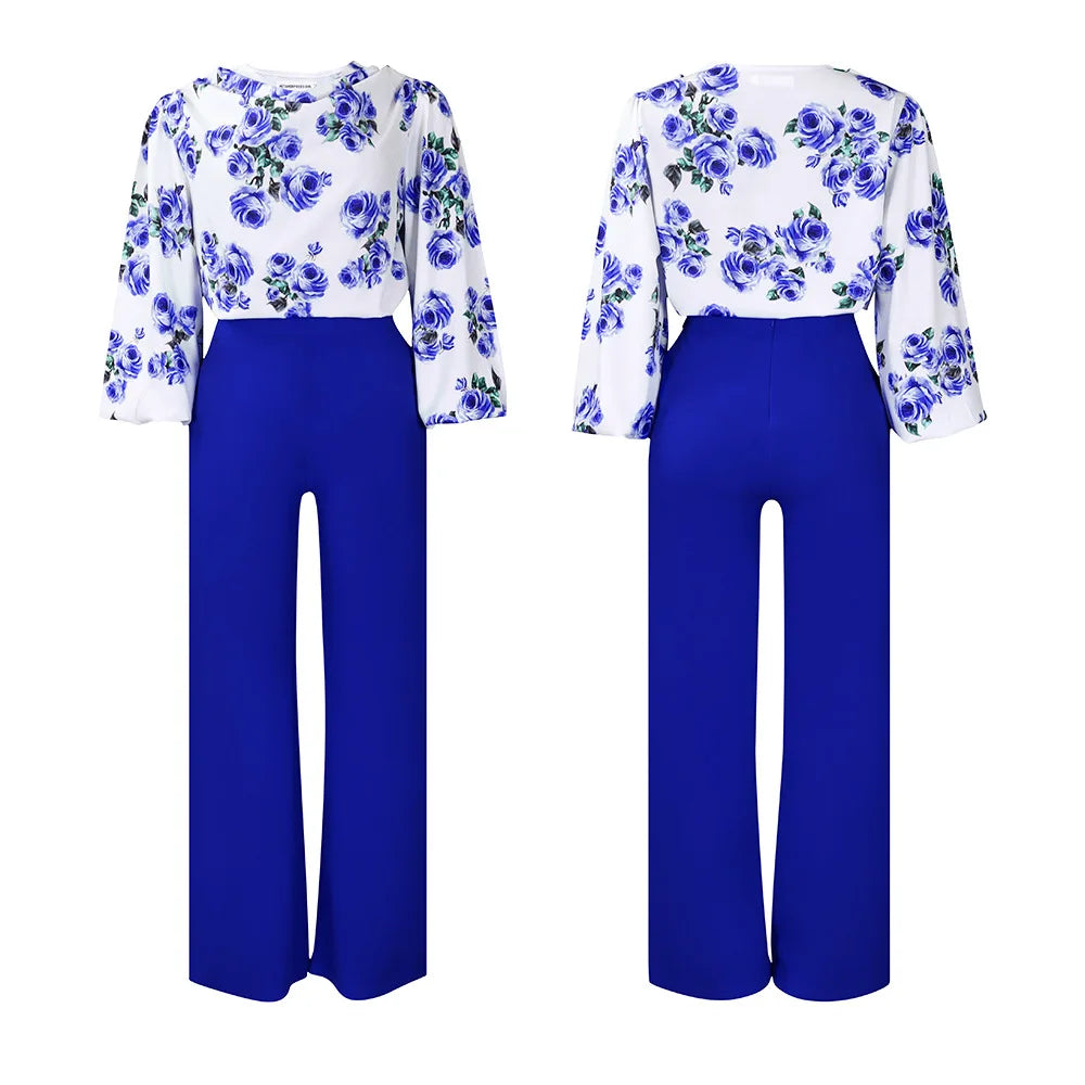 Two Piece Sets Slim Fit Print Floral Round Neck Lantern Sleeve Elegant Splice Wide Leg Long Pants