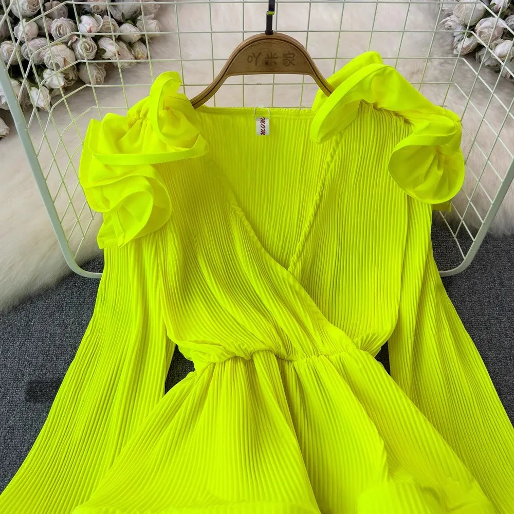 Long Sleeve Pleated V-Neck Flower Ruffles Blouse