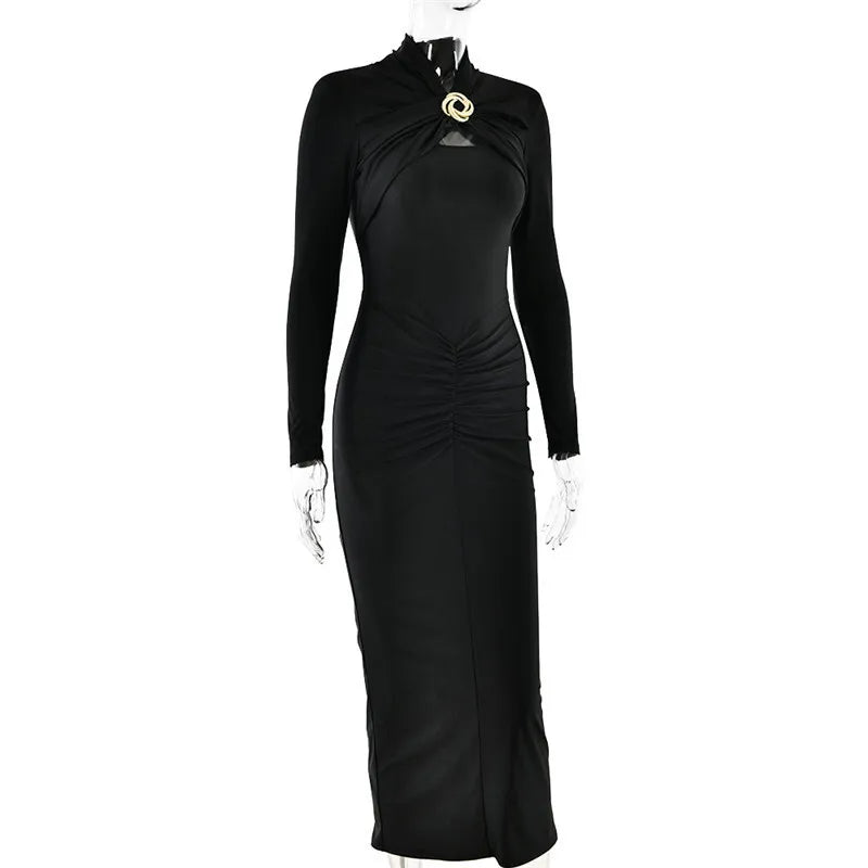 Hollow Out Long Sleeve Maxi Metal Buckle Ruched Slit Long Dress