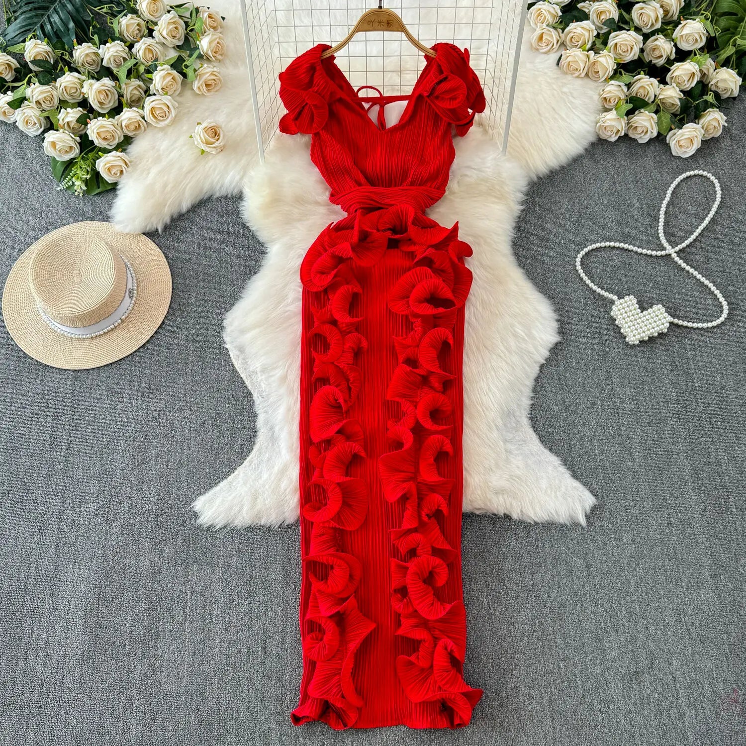 Elegant Pleated Ruffles High Waist Slim Long Dress