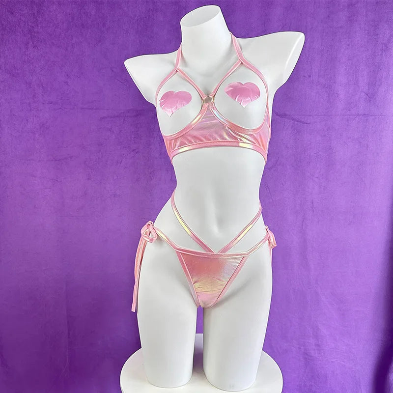 Anime Bunny Pink Laser Patent Leather Bikini Rabbit Costume