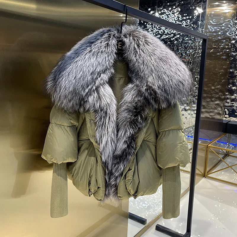 Puffer Duck Down Coat Real Silver Fox Fur Collar Parkas