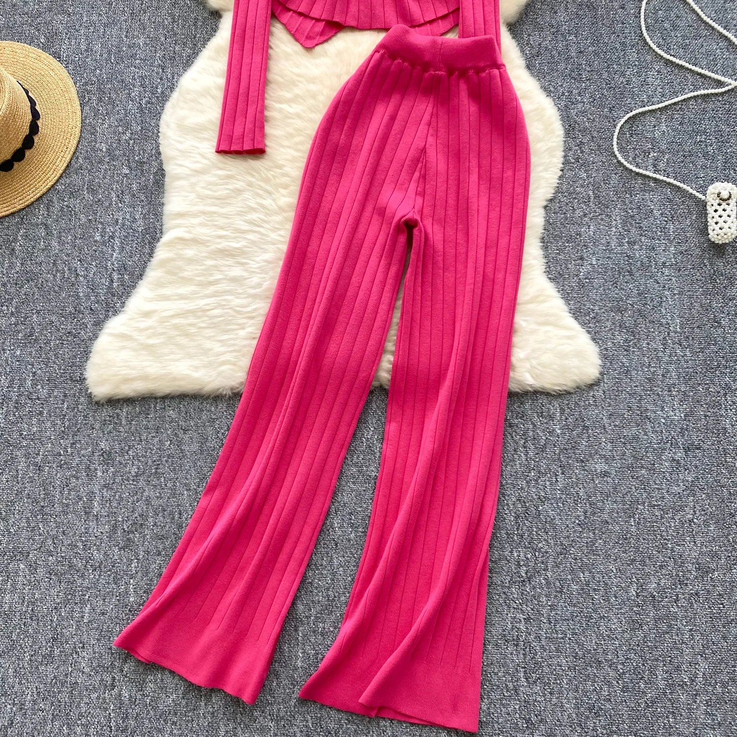 Long Sleeves Chic Buttons Pullovers+Elastic Long Pants Vintage Two Pieces Sets