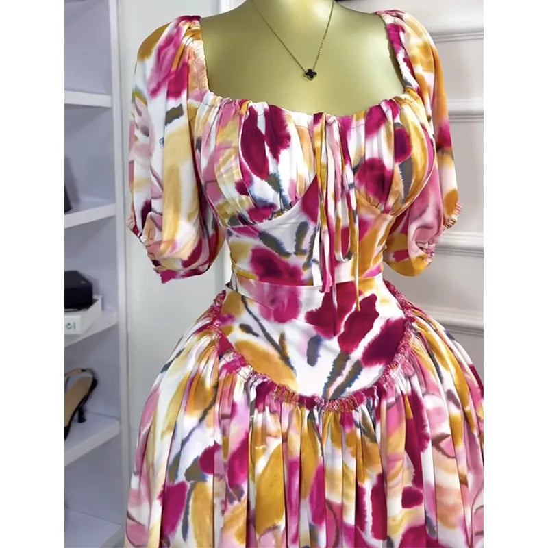 Tulip Floral Printed Lantern Short Sleeve High Waist Dresses