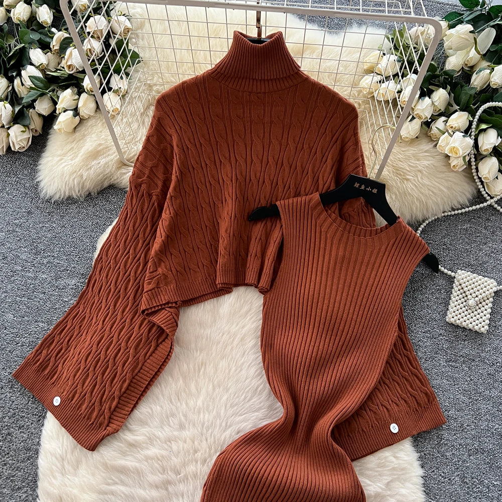 Turtleneck Sweater Suits Batwing Sleeves Short Pullovers+Bodycon Tank Dress Knitted 2Pcs Sets