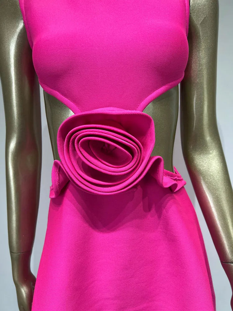 Sleeveless O Neck Flower Hot Pink Mini Bandage Dress