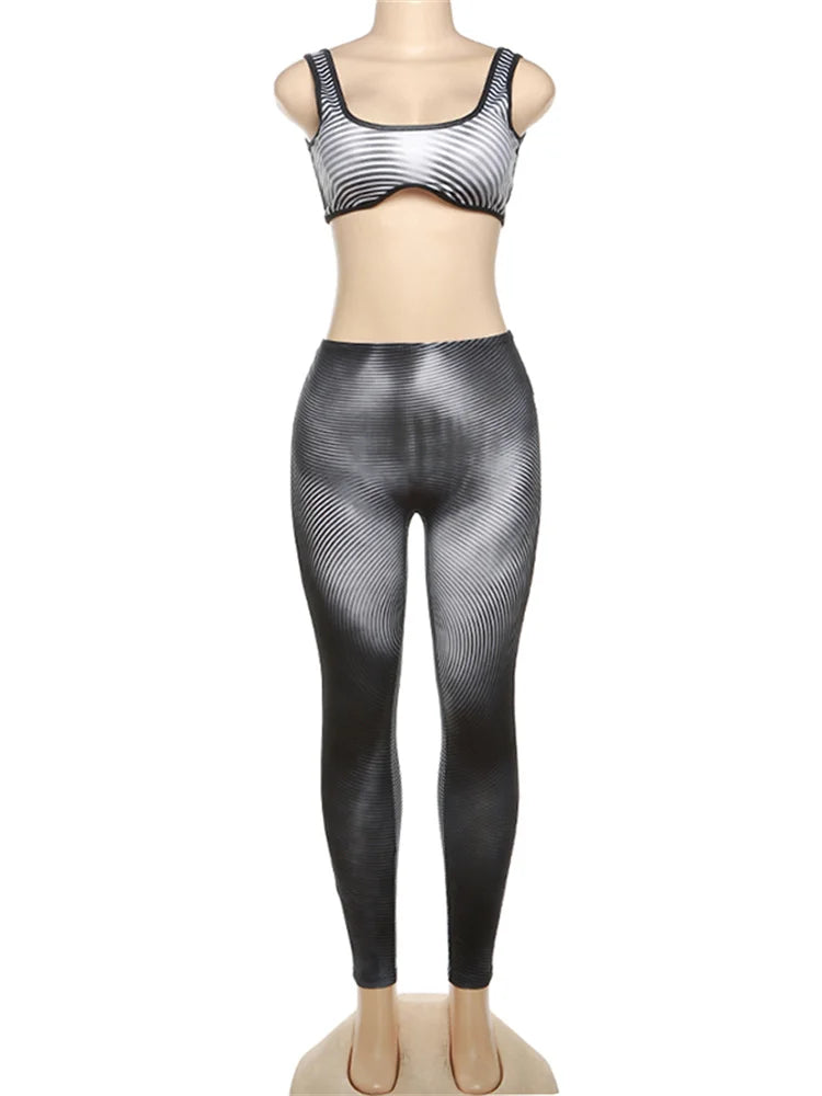 Gradient Stripe Print 2 Piece Set Backless Tank Tops+Leggings Set