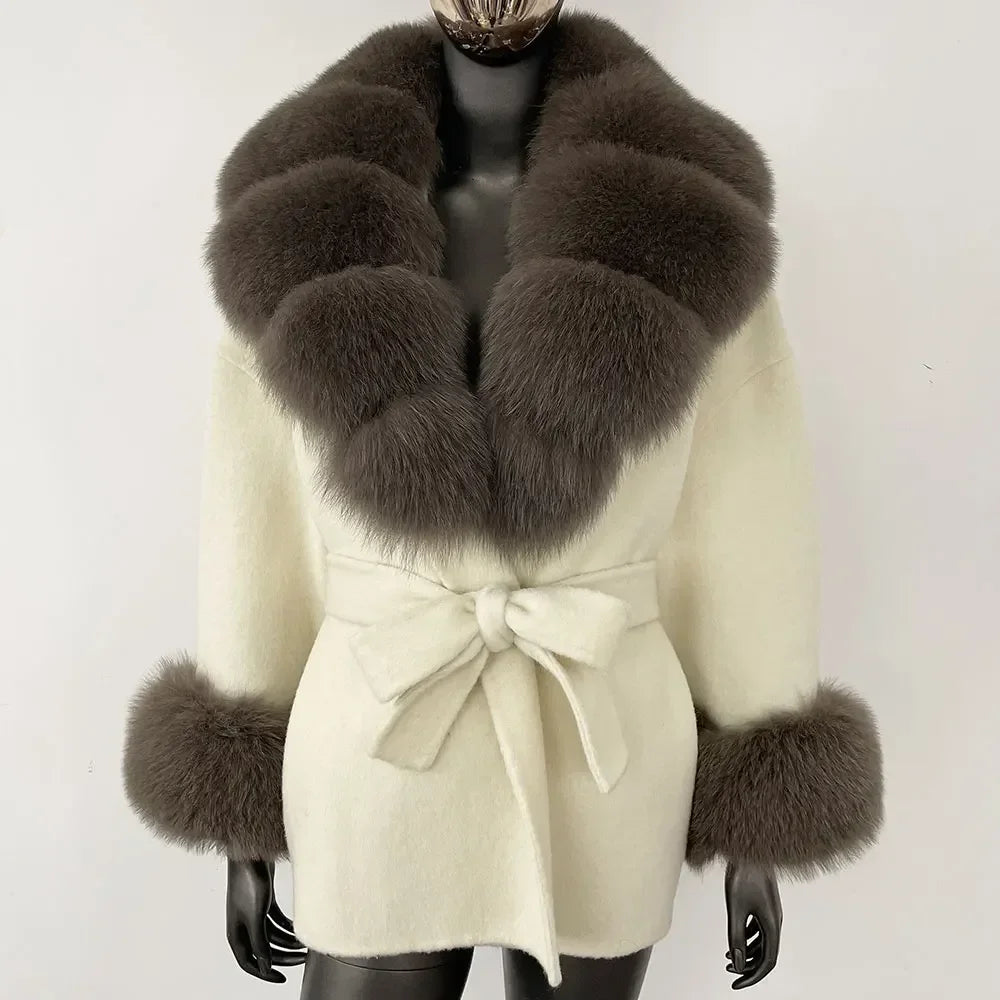 Winter Loose Outerwear Casual Natural Real Raccoon Fox Fur Blends Wool Coat