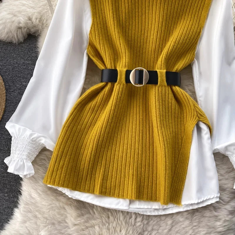 Luxury Style Loose-fit Long Sleeve White Shirt Side Slit Knit Vest 2-piece Set