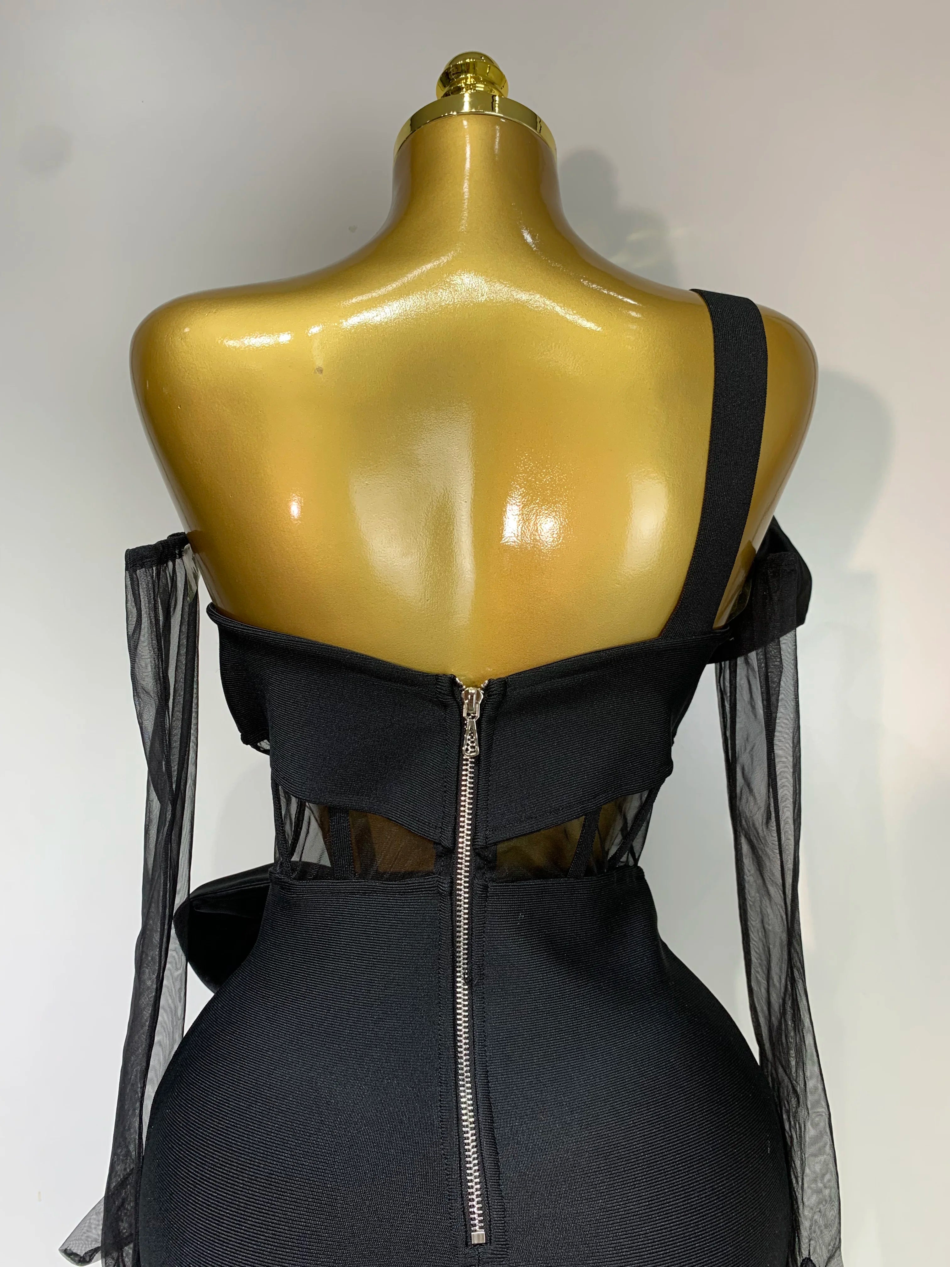 One Shoulder Bow Mesh See Through Bandage Bodycon Dress