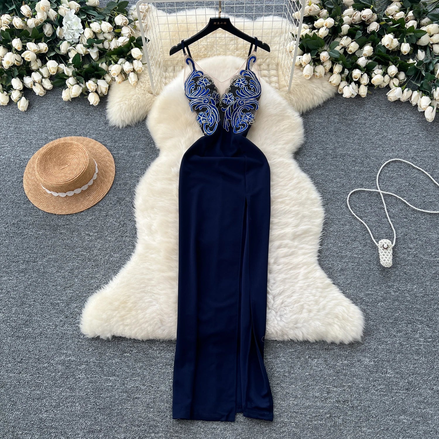 Elegant V-neck Vintage Embroidered Spliced French Dress