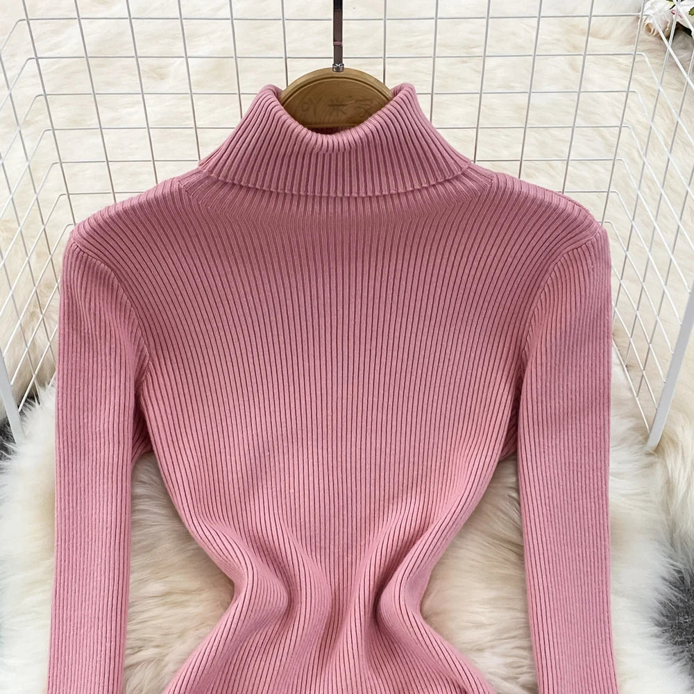 Elegant Turtleneck Long Sleeve Knit Bodycon Pencil Sweater Dress Autumn Winter Clothing