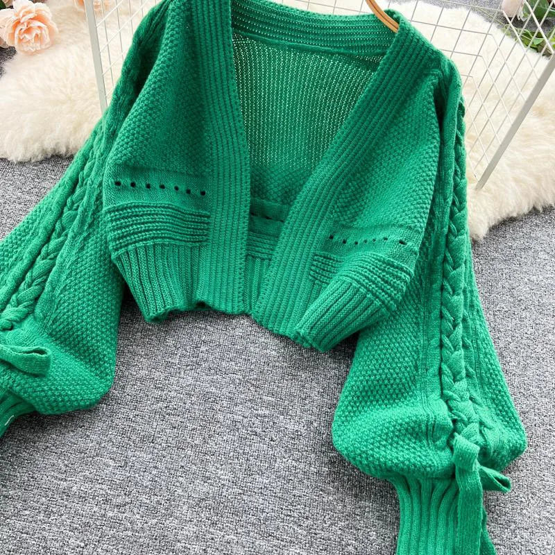 Knitted Crop Cardigans Sweet Winter Korean Elegant All Match Cardigan Lantern Sleeve