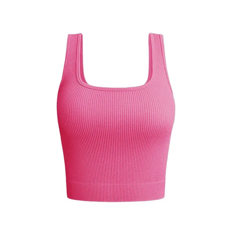 Solid Square Neck Ribbed Basic Elastic Sleeveless Crop Tops