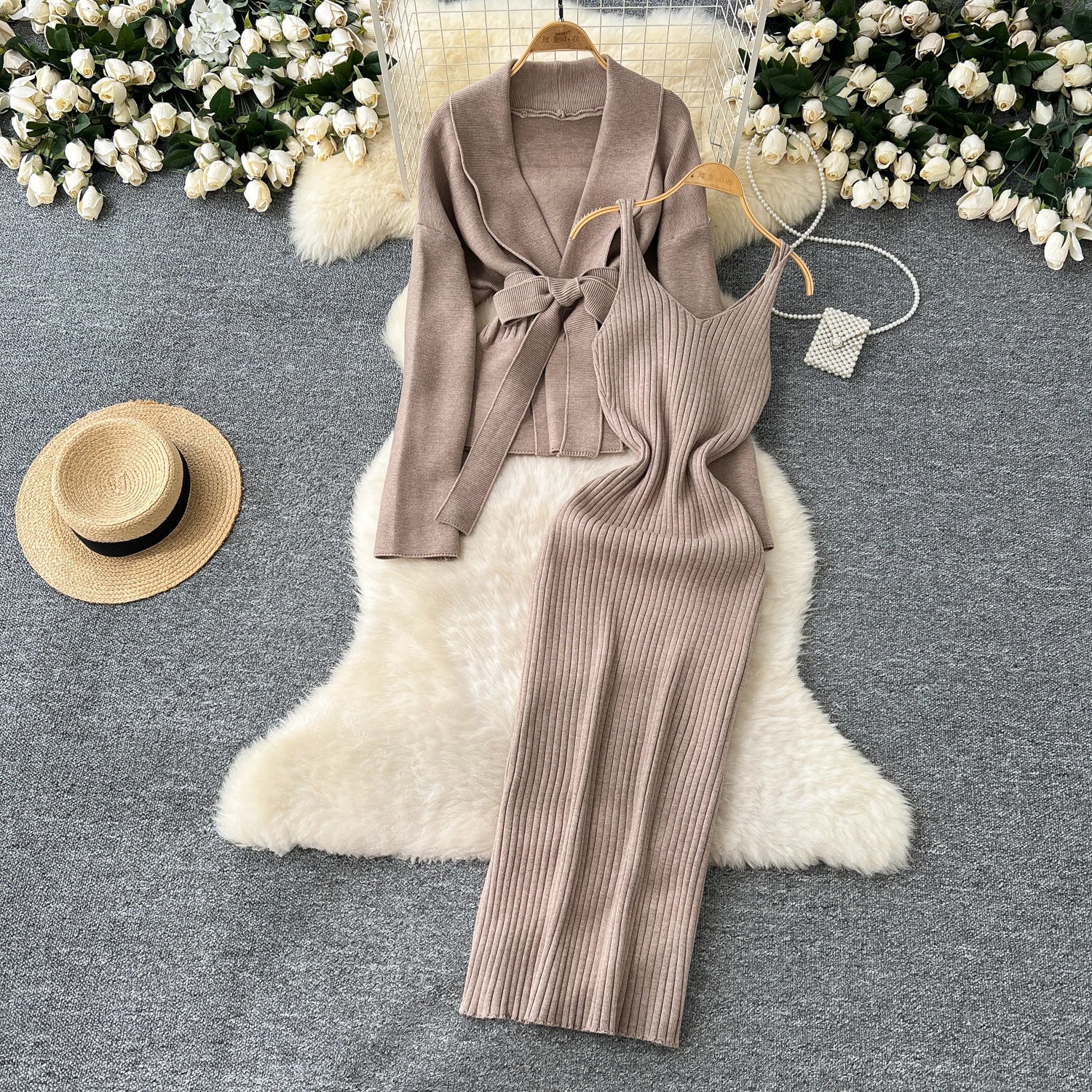 Lace Up Slim Cardigan+Sling Long Bodycon Solid Sweater Dress Two Piece Set