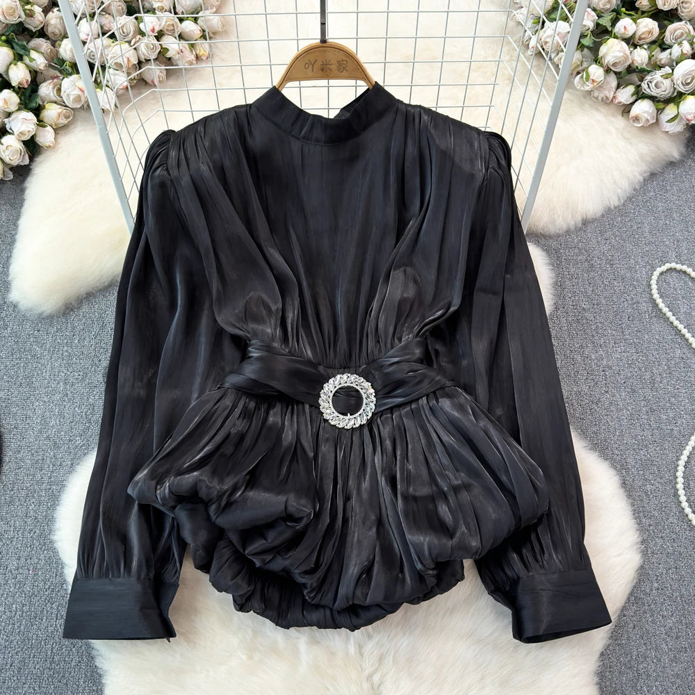 Long Sleeve Tie Up Pleated Blouse