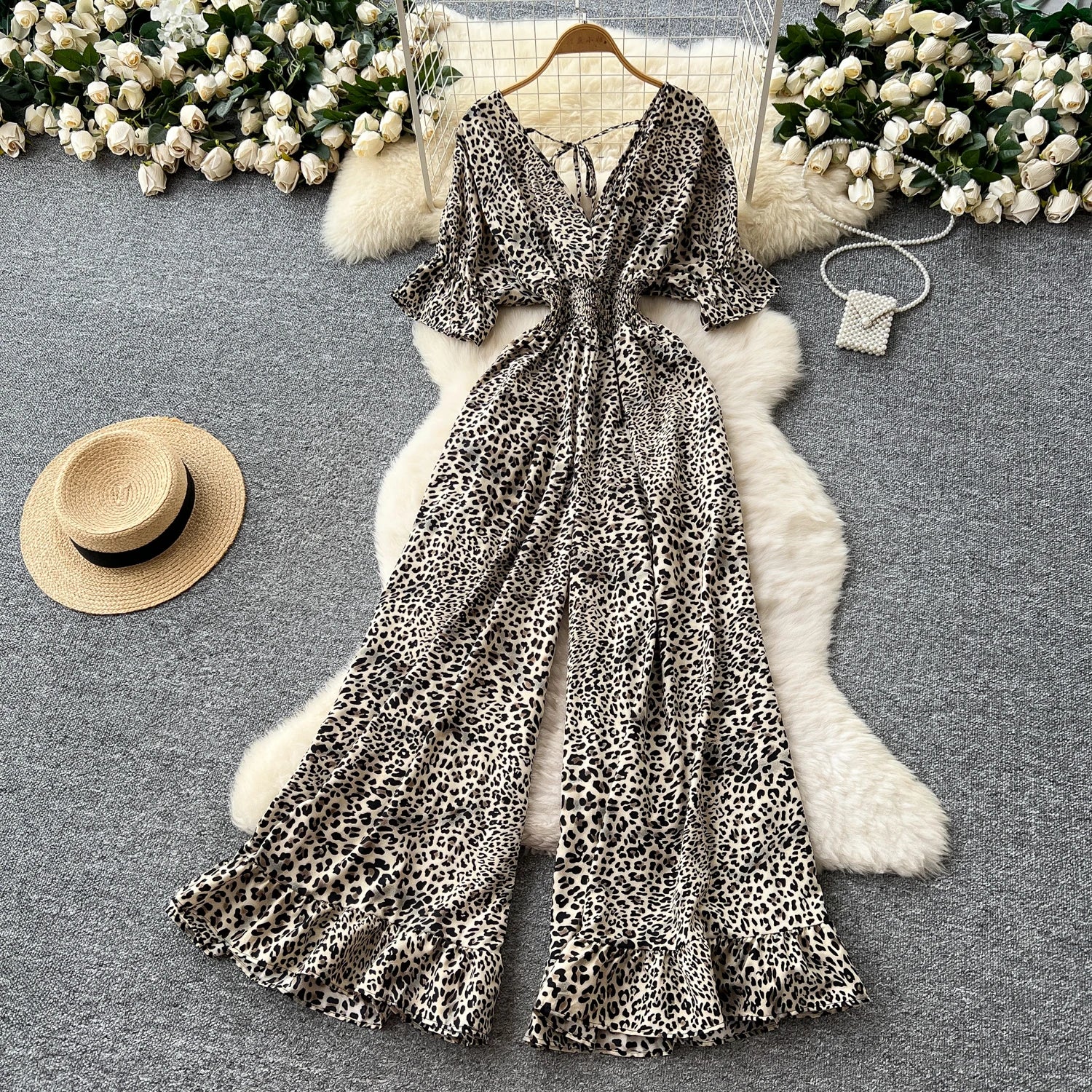 Flared Sleeves Elastic Waist Slim Fit Leopard Print Long Rompers Jumpsuit
