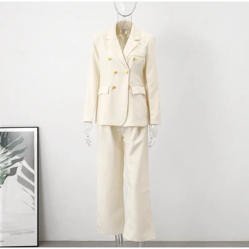 Elegant Office Lady Blazer Suit Coat High Waist Straight Pants Set