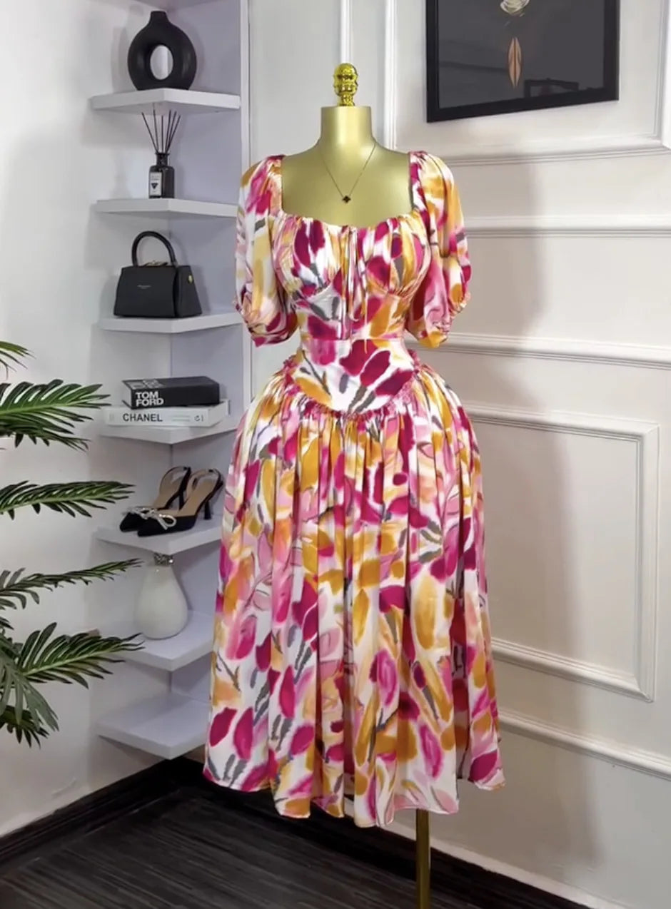 Tulip Floral Printed Lantern Short Sleeve High Waist Dresses