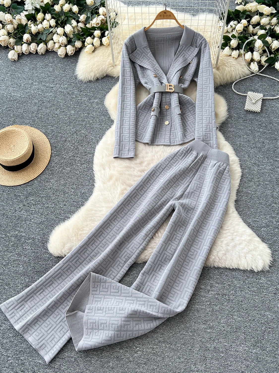 Elegant High Waist Pants Knitted Top with Belt Two Piece Set