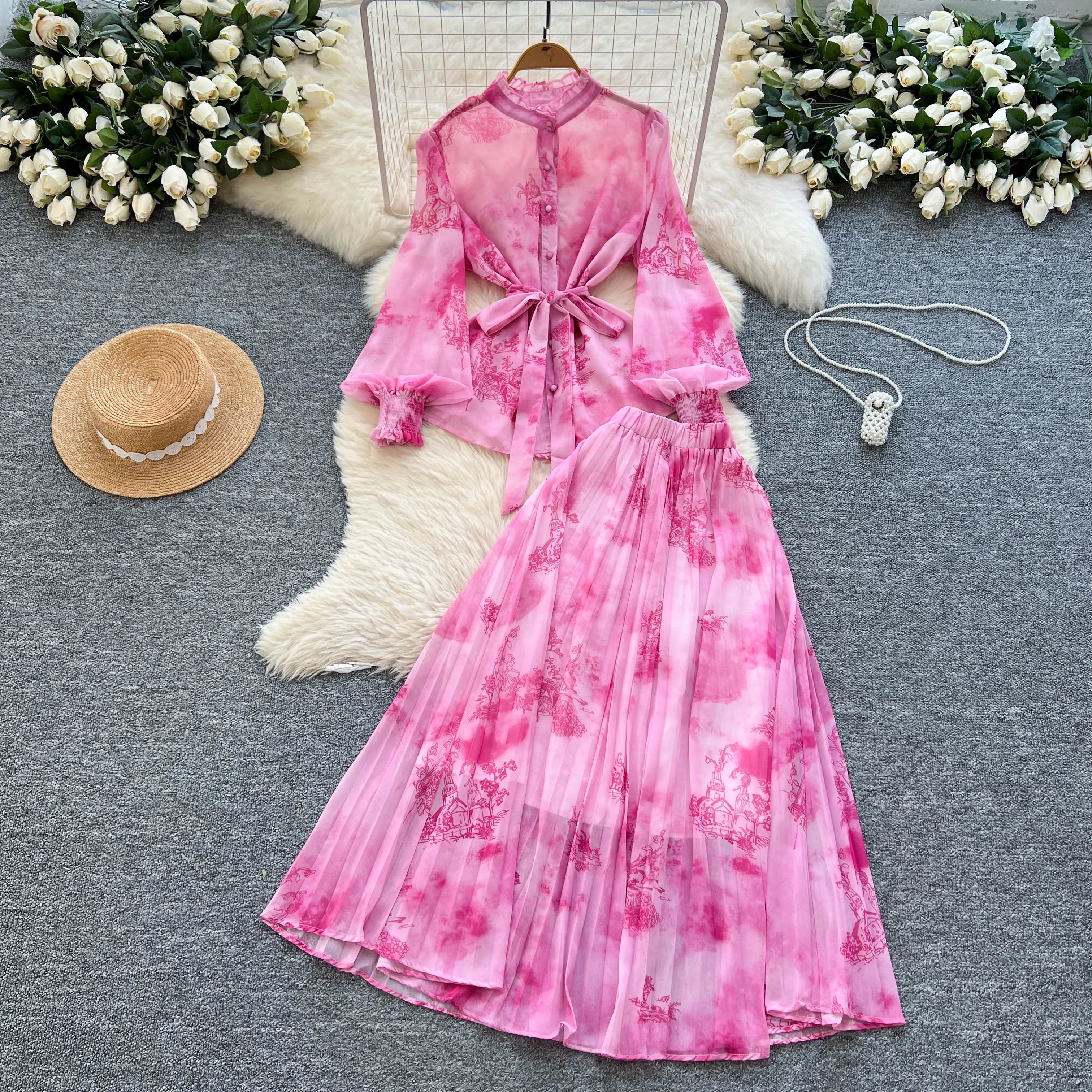 Lantern Sleeves Lace Up Loose Tops+Pleated Skirt Floral Chiffon Sets