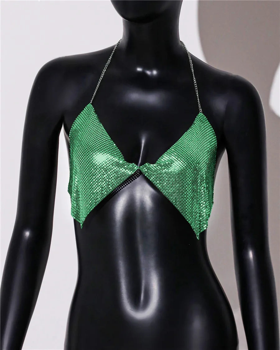 Metal Sequins Backless Halter Crop Top