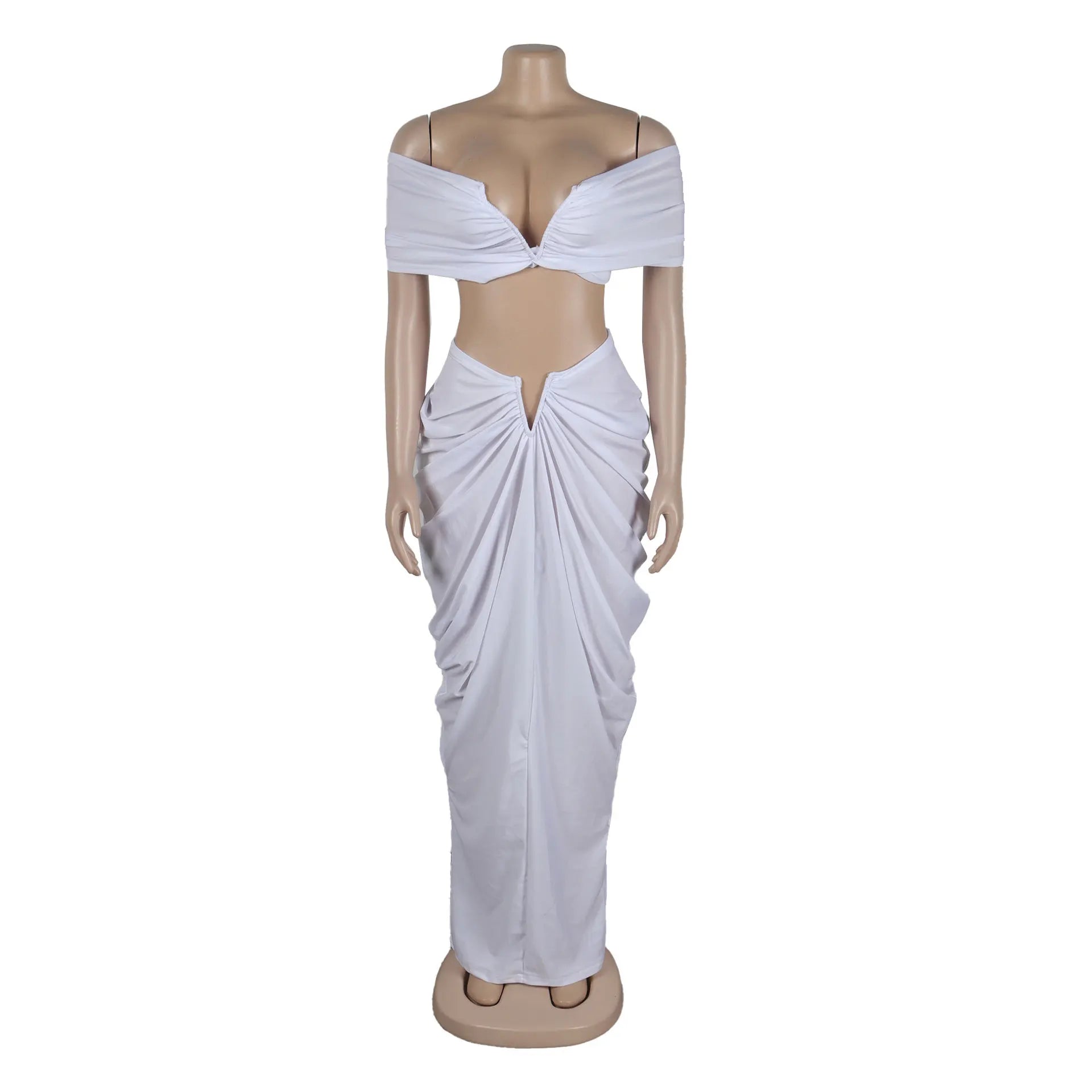 Stacked Ruched Off Shoulder Crop Top and Low Waist Maxi Long Skirts Two Piece Sets