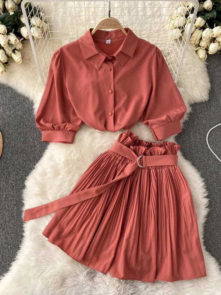 Puff Short Sleeve Shirt+Pleated A-line Short Skirt Two Piece Set