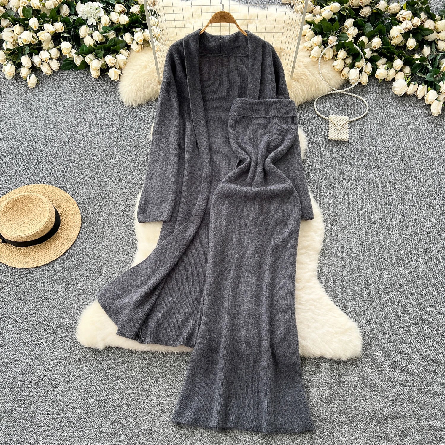 Long Sleeves Oversize Cardigan+Strapless Bodycon Dress Solid Knit 2pcs Sets