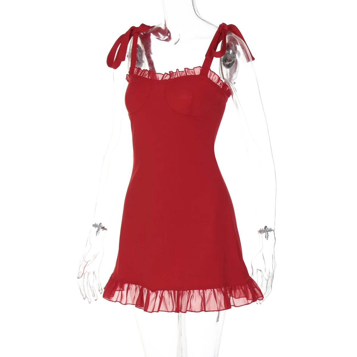Elegant Solid Slips Ruffles Backless Bandage Patchwork Slim Mini Dress
