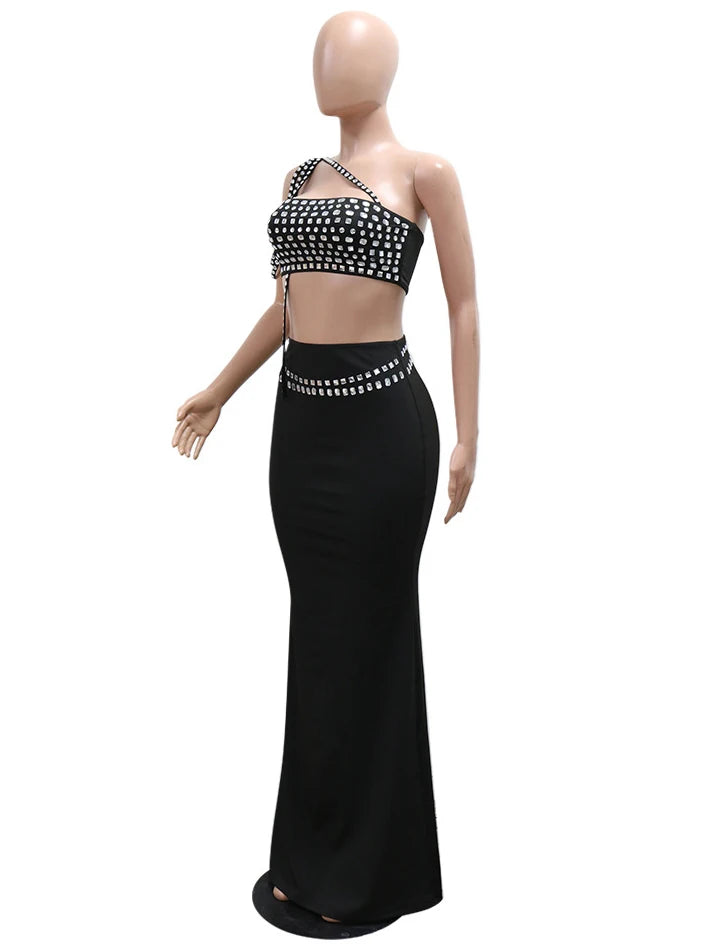 Beading Diamonds Two-Piece Short Top Long Dress Set