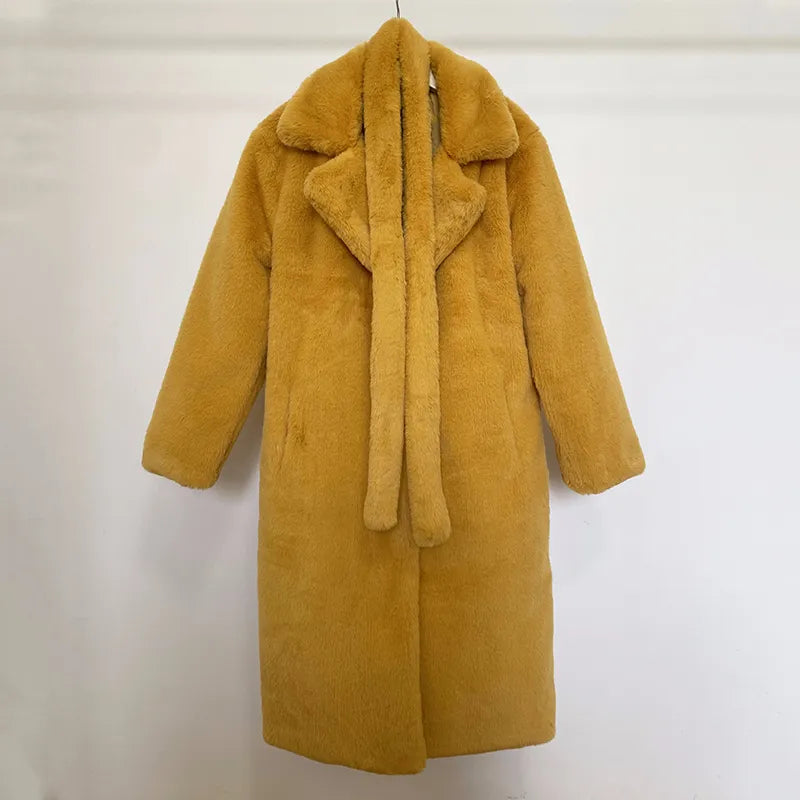 Oversized Lapel Belted Faux Rabbit Fur Coat