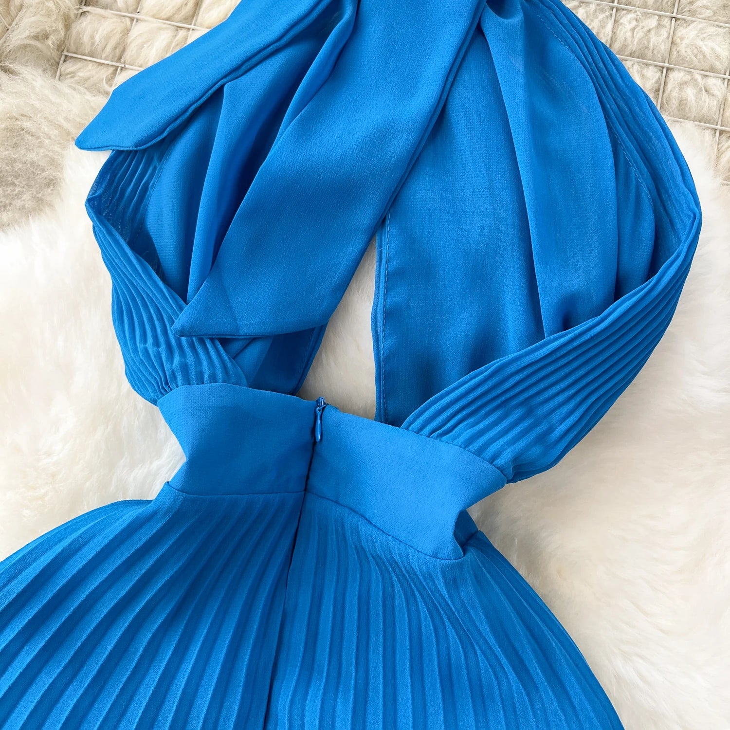 Halter Pleated Hollow Out Backless Solid Chic Sundress