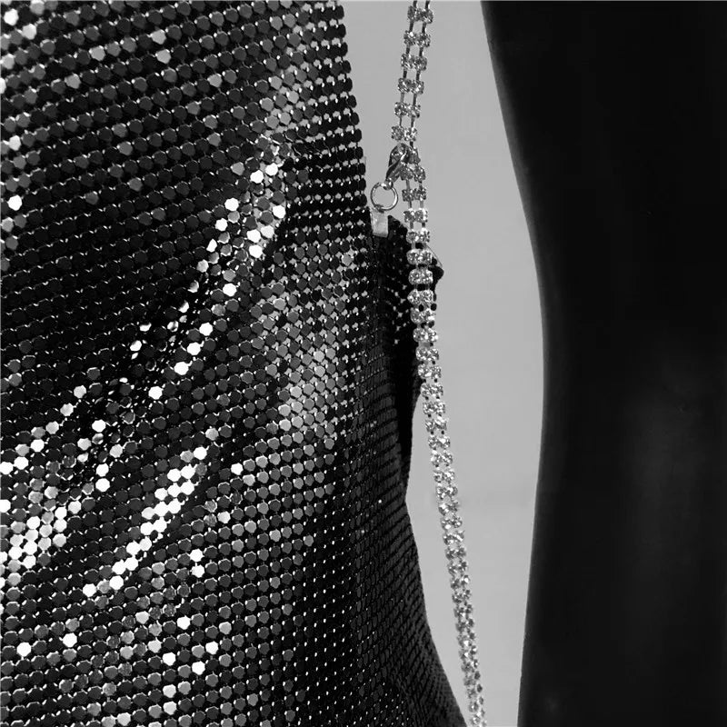 Backless Spaghetti Strap Metal Sequins Low Cut Dress
