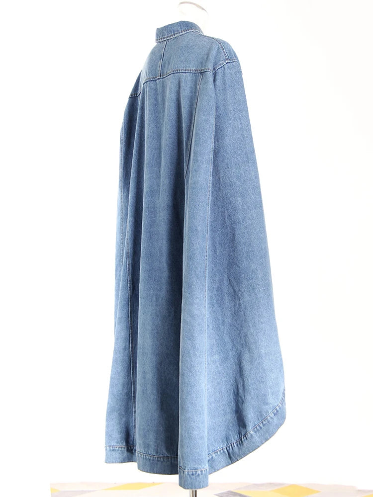 Blue Denim Irregular Big Size Cloak Trench Lapel Long Sleeve Windbreaker
