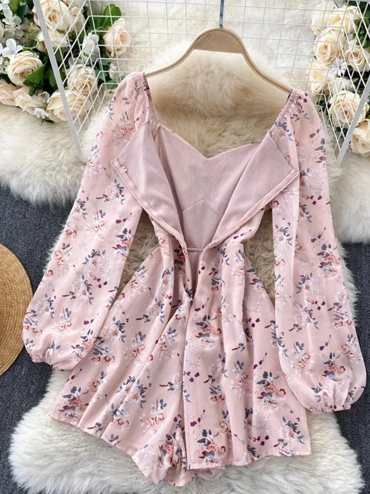 V-neck Puff Sleeves Folds Slim Floral Wide-leg Playsuit Jumpsuit