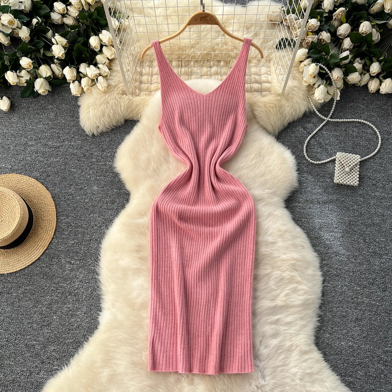 Knitted Two-Piece Sets  Knitting Cardigan+Spaghetti Strap Bodycon Dress