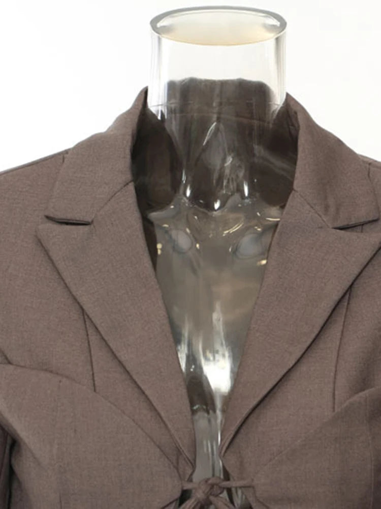 Lapel Long Sleeve Bandage Hollow Out Elegant Blazer