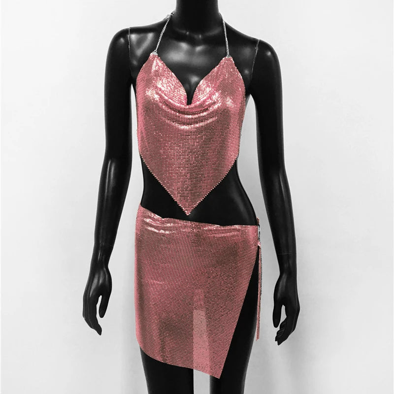Metal Sequins 2 Piece Set Backless Halter Tank Tops Split Mini Skirts
