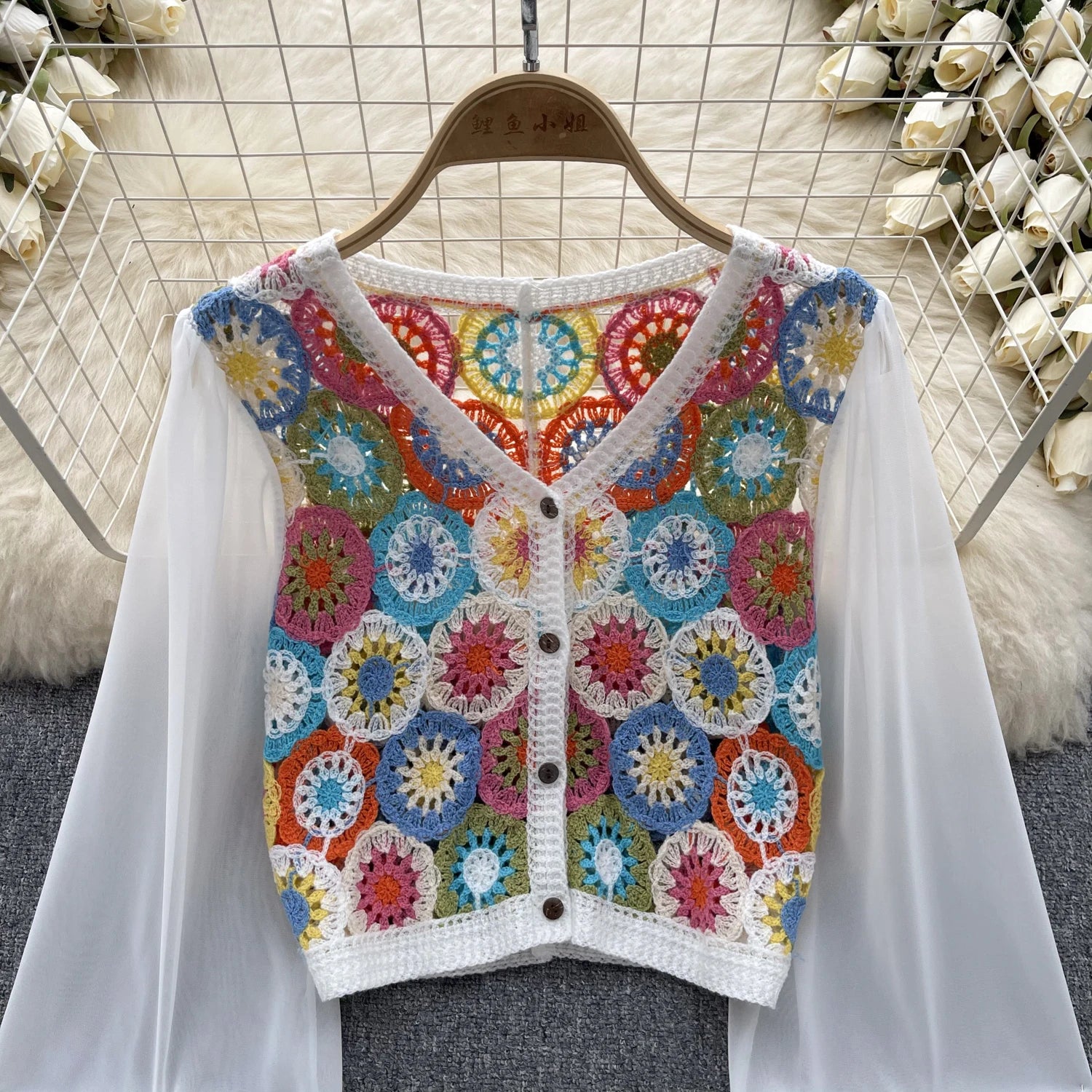 Knitting Crochet  Hollow Out Long Lantern Sleeve Blouse