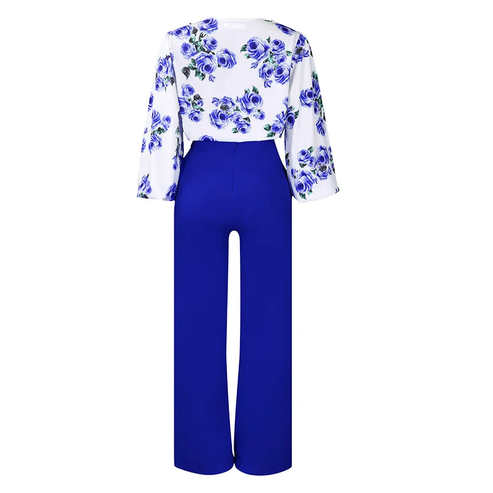 Two Piece Sets Slim Fit Print Floral Round Neck Lantern Sleeve Elegant Splice Wide Leg Long Pants