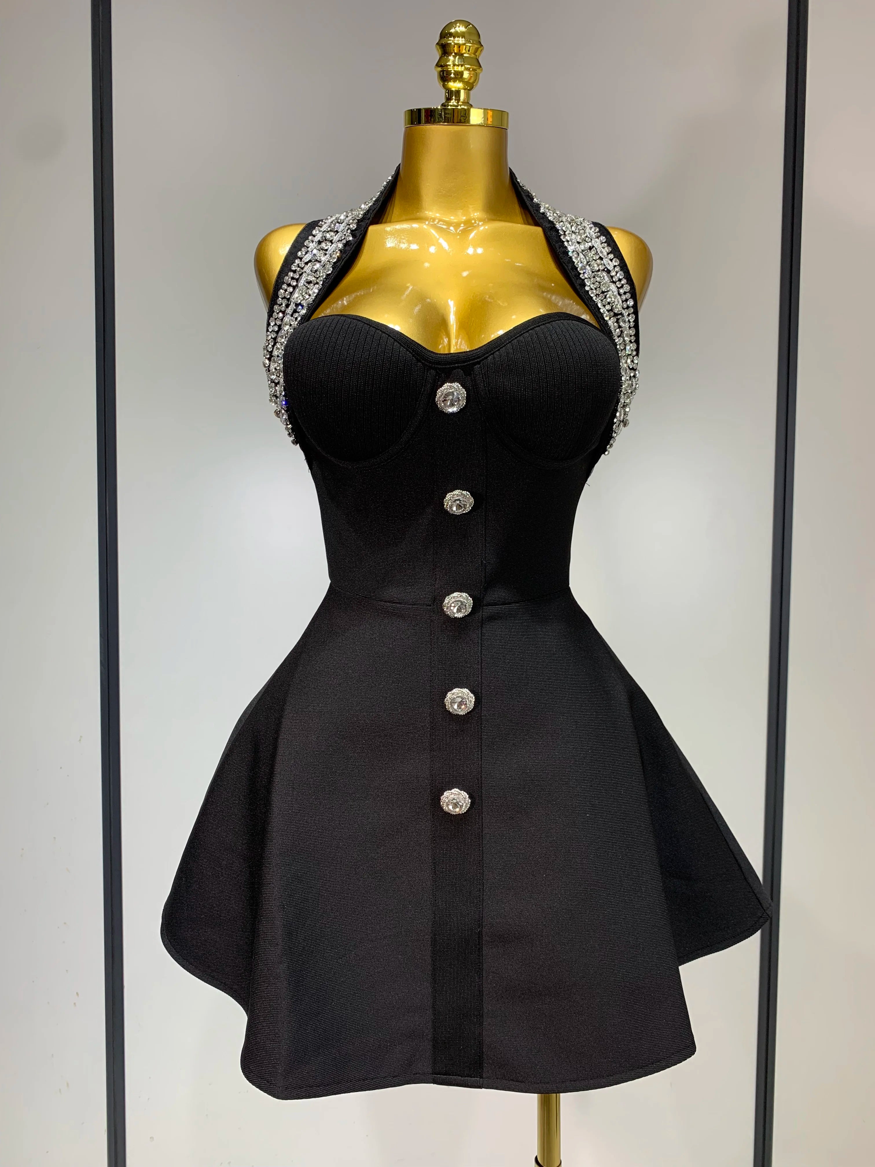 Luxury Halter Sleeveless Backless Sparkly Rhinestone Bandage Dress