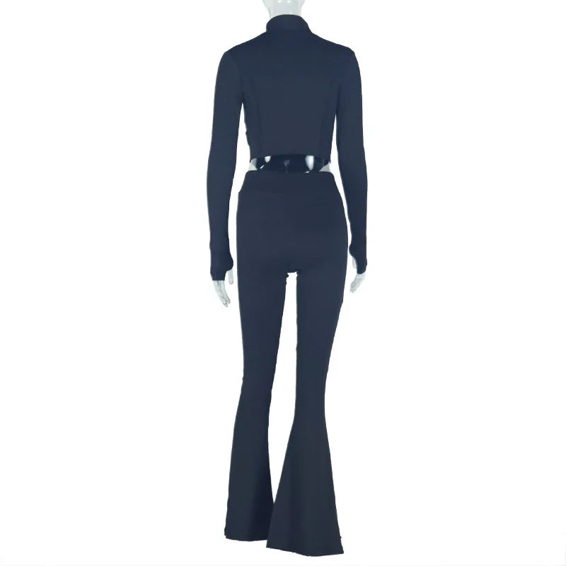 2-Piece Set Half-High Neck Irregular Hem Zip Long Sleeves Tops & Flare Trousers Casual Suits