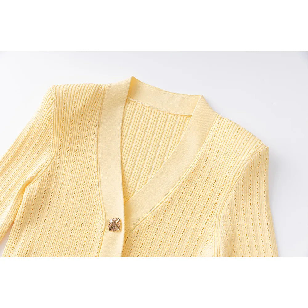 Knitted Elastic Button V-neck Long Sleeved Cardigan Slim Fit Fishtail Skirt Two Piece Set