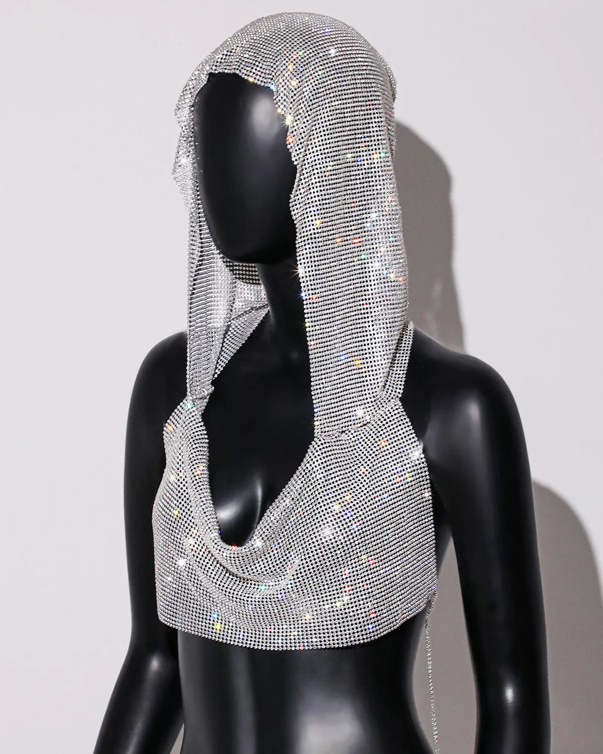 See Through Mesh Rhinestone Fishnet Hollow Out Crop Top