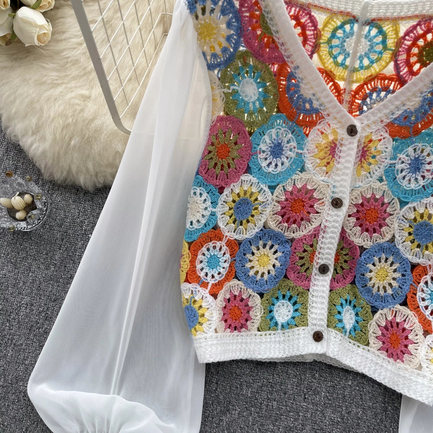Knitting Crochet  Hollow Out Long Lantern Sleeve Blouse