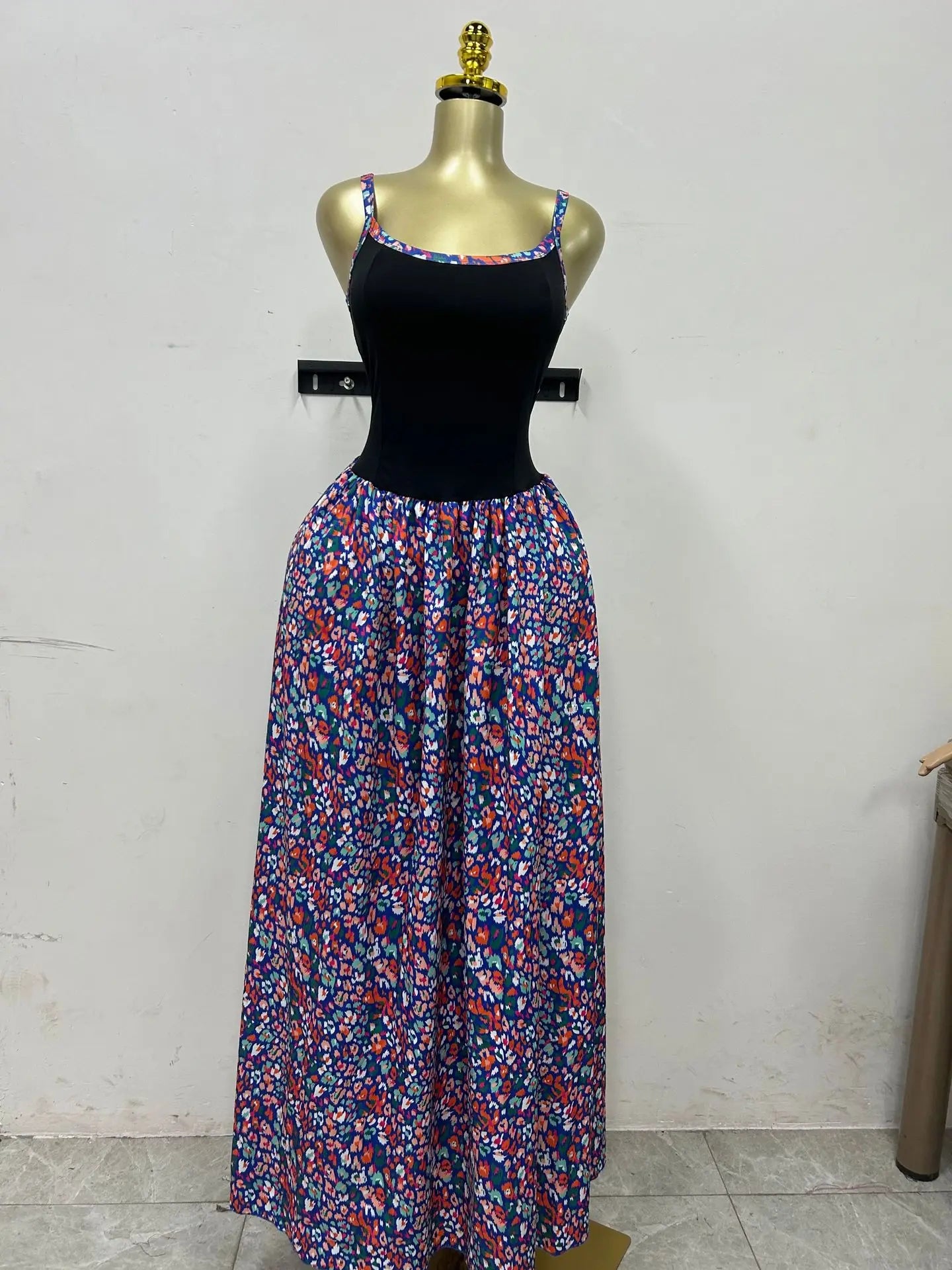 Floral Printed Patchwork Strap Tank Maxi Long Dress