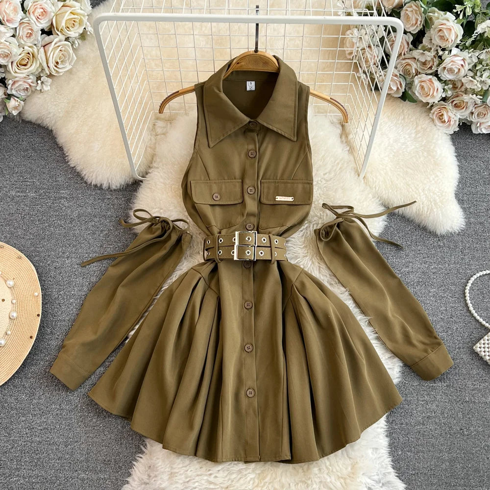 Turn-down Collar Waist Thin A-line Fluffy  Y2K Shirt Dress